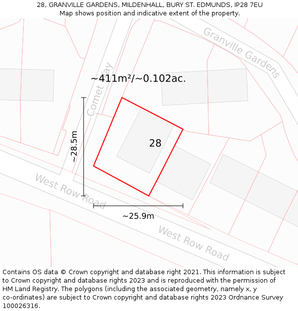 28, GRANVILLE GARDENS, MILDENHALL, BURY ST. EDMUNDS, IP28 7EU: Plot and title map