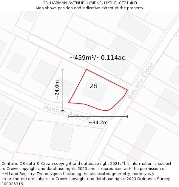 28, HARMAN AVENUE, LYMPNE, HYTHE, CT21 4LB: Plot and title map