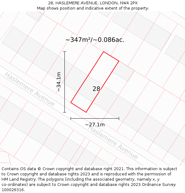 28, HASLEMERE AVENUE, LONDON, NW4 2PX: Plot and title map