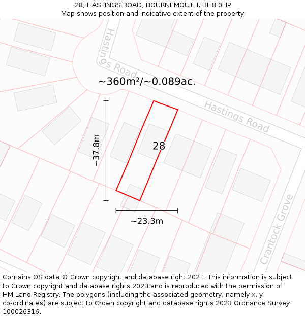 28, HASTINGS ROAD, BOURNEMOUTH, BH8 0HP: Plot and title map