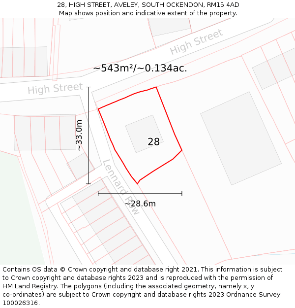 28, HIGH STREET, AVELEY, SOUTH OCKENDON, RM15 4AD: Plot and title map