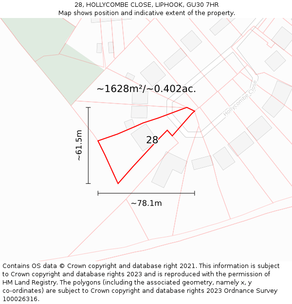 28, HOLLYCOMBE CLOSE, LIPHOOK, GU30 7HR: Plot and title map