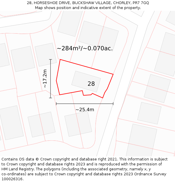 28, HORSESHOE DRIVE, BUCKSHAW VILLAGE, CHORLEY, PR7 7GQ: Plot and title map