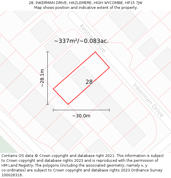 28, INKERMAN DRIVE, HAZLEMERE, HIGH WYCOMBE, HP15 7JW: Plot and title map