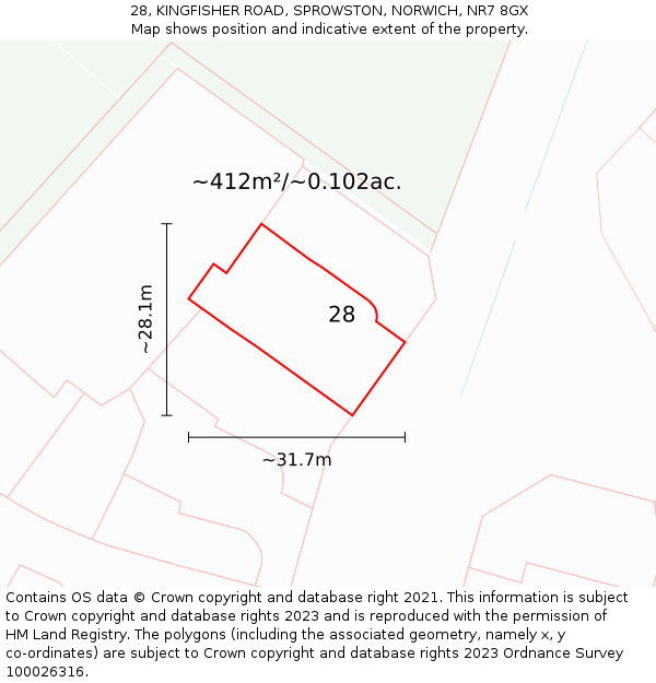 28, KINGFISHER ROAD, SPROWSTON, NORWICH, NR7 8GX: Plot and title map