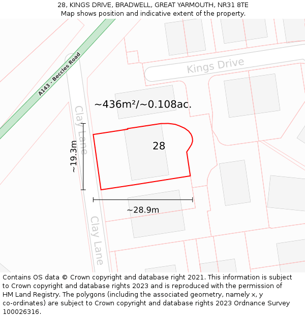 28, KINGS DRIVE, BRADWELL, GREAT YARMOUTH, NR31 8TE: Plot and title map