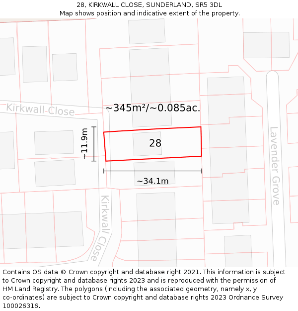 28, KIRKWALL CLOSE, SUNDERLAND, SR5 3DL: Plot and title map