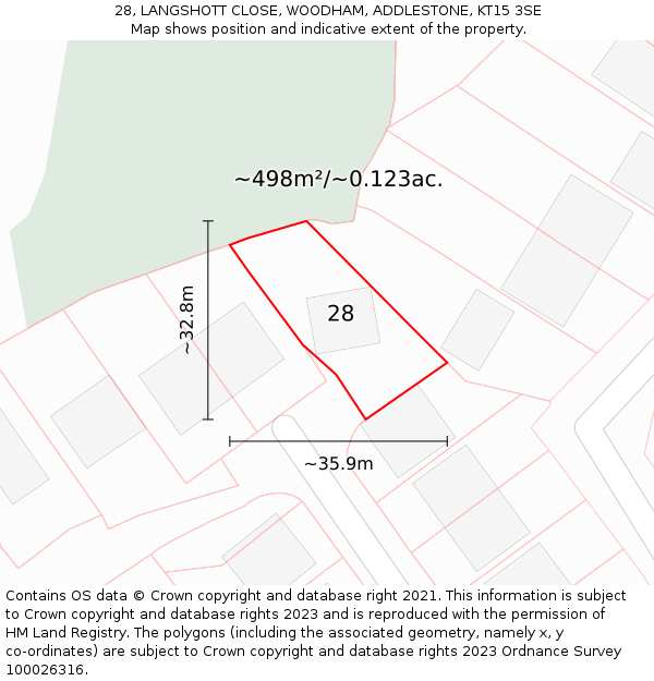 28, LANGSHOTT CLOSE, WOODHAM, ADDLESTONE, KT15 3SE: Plot and title map