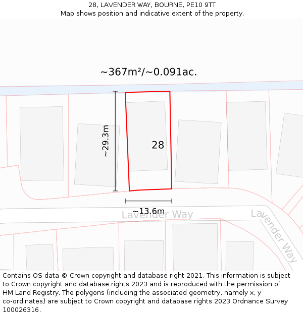 28, LAVENDER WAY, BOURNE, PE10 9TT: Plot and title map