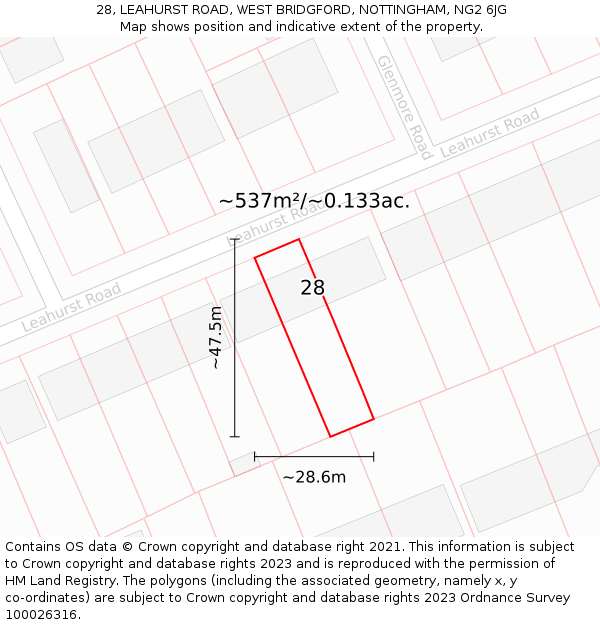 28, LEAHURST ROAD, WEST BRIDGFORD, NOTTINGHAM, NG2 6JG: Plot and title map