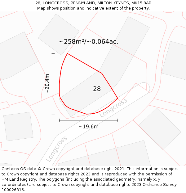 28, LONGCROSS, PENNYLAND, MILTON KEYNES, MK15 8AP: Plot and title map