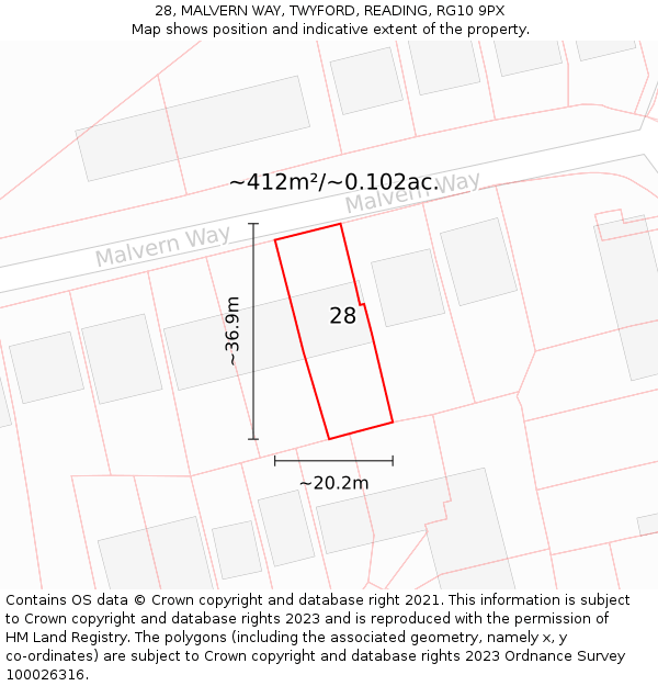 28, MALVERN WAY, TWYFORD, READING, RG10 9PX: Plot and title map