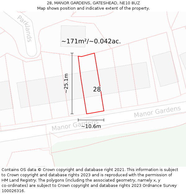 28, MANOR GARDENS, GATESHEAD, NE10 8UZ: Plot and title map