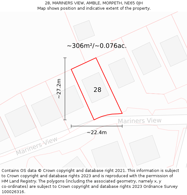 28, MARINERS VIEW, AMBLE, MORPETH, NE65 0JH: Plot and title map