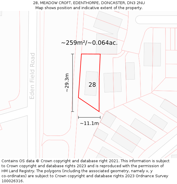 28, MEADOW CROFT, EDENTHORPE, DONCASTER, DN3 2NU: Plot and title map