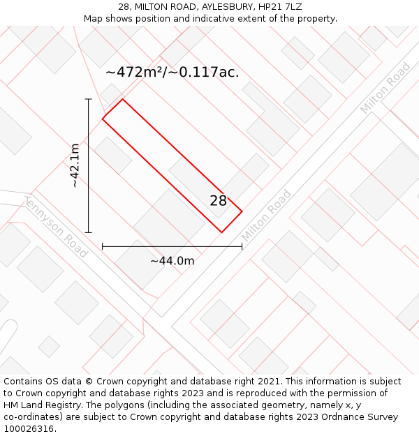 28, MILTON ROAD, AYLESBURY, HP21 7LZ: Plot and title map