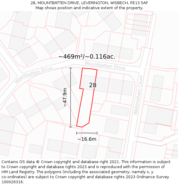 28, MOUNTBATTEN DRIVE, LEVERINGTON, WISBECH, PE13 5AF: Plot and title map