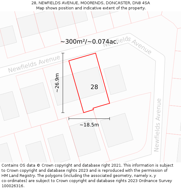 28, NEWFIELDS AVENUE, MOORENDS, DONCASTER, DN8 4SA: Plot and title map