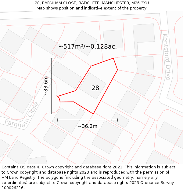 28, PARNHAM CLOSE, RADCLIFFE, MANCHESTER, M26 3XU: Plot and title map