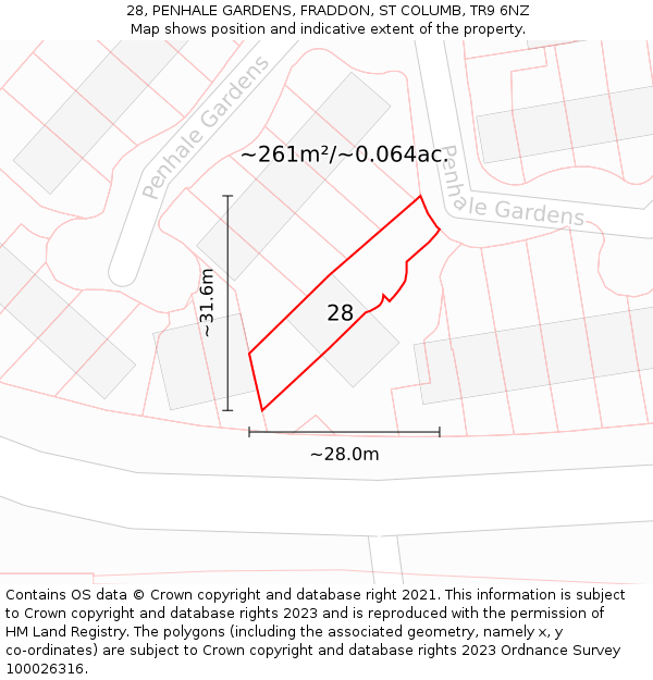 28, PENHALE GARDENS, FRADDON, ST COLUMB, TR9 6NZ: Plot and title map