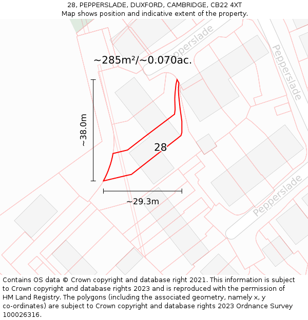 28, PEPPERSLADE, DUXFORD, CAMBRIDGE, CB22 4XT: Plot and title map