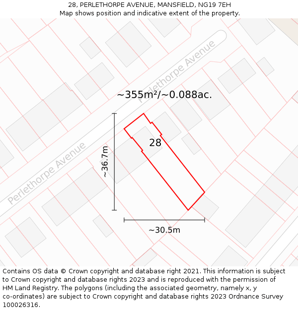 28, PERLETHORPE AVENUE, MANSFIELD, NG19 7EH: Plot and title map