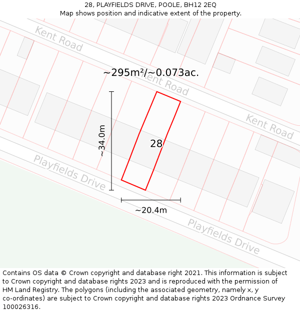 28, PLAYFIELDS DRIVE, POOLE, BH12 2EQ: Plot and title map