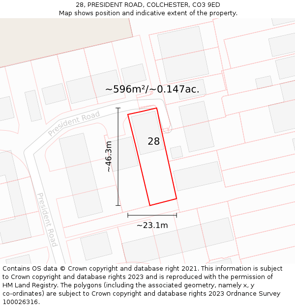 28, PRESIDENT ROAD, COLCHESTER, CO3 9ED: Plot and title map