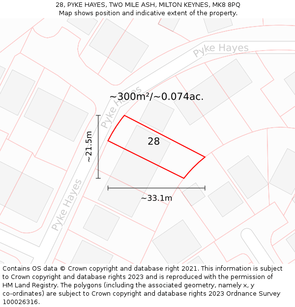 28, PYKE HAYES, TWO MILE ASH, MILTON KEYNES, MK8 8PQ: Plot and title map