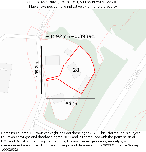 28, REDLAND DRIVE, LOUGHTON, MILTON KEYNES, MK5 8FB: Plot and title map