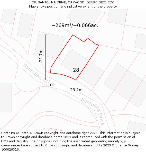 28, SANTOLINA DRIVE, OAKWOOD, DERBY, DE21 2DQ: Plot and title map