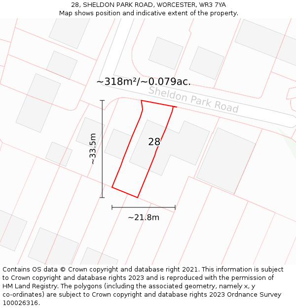 28, SHELDON PARK ROAD, WORCESTER, WR3 7YA: Plot and title map