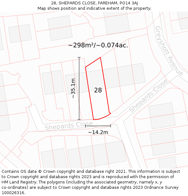 28, SHEPARDS CLOSE, FAREHAM, PO14 3AJ: Plot and title map