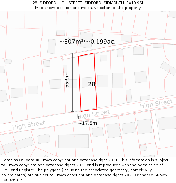 28, SIDFORD HIGH STREET, SIDFORD, SIDMOUTH, EX10 9SL: Plot and title map