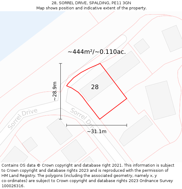 28, SORREL DRIVE, SPALDING, PE11 3GN: Plot and title map