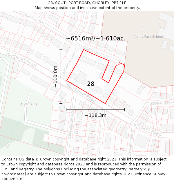 28, SOUTHPORT ROAD, CHORLEY, PR7 1LE: Plot and title map