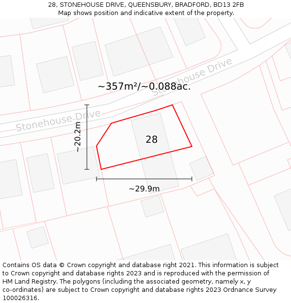 28, STONEHOUSE DRIVE, QUEENSBURY, BRADFORD, BD13 2FB: Plot and title map