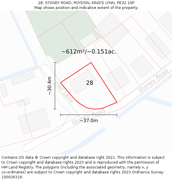 28, STONEY ROAD, ROYDON, KING'S LYNN, PE32 1AP: Plot and title map