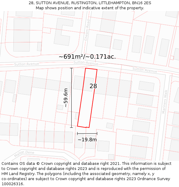 28, SUTTON AVENUE, RUSTINGTON, LITTLEHAMPTON, BN16 2ES: Plot and title map