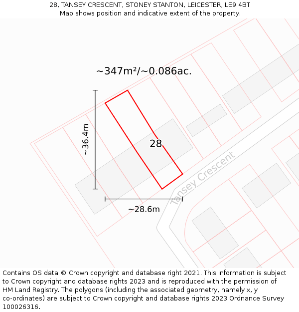 28, TANSEY CRESCENT, STONEY STANTON, LEICESTER, LE9 4BT: Plot and title map