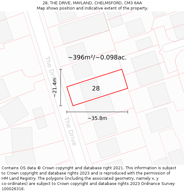 28, THE DRIVE, MAYLAND, CHELMSFORD, CM3 6AA: Plot and title map