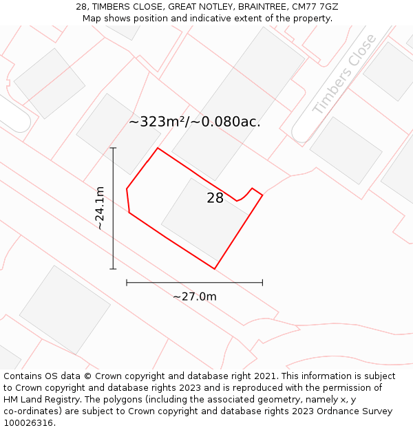 28, TIMBERS CLOSE, GREAT NOTLEY, BRAINTREE, CM77 7GZ: Plot and title map