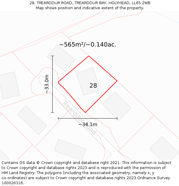 28, TREARDDUR ROAD, TREARDDUR BAY, HOLYHEAD, LL65 2WB: Plot and title map