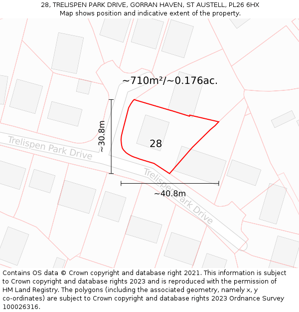 28, TRELISPEN PARK DRIVE, GORRAN HAVEN, ST AUSTELL, PL26 6HX: Plot and title map