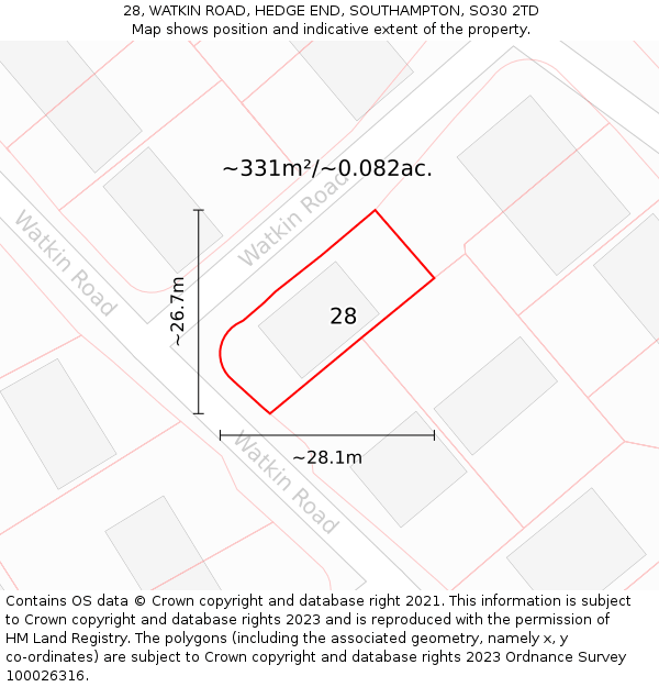 28, WATKIN ROAD, HEDGE END, SOUTHAMPTON, SO30 2TD: Plot and title map