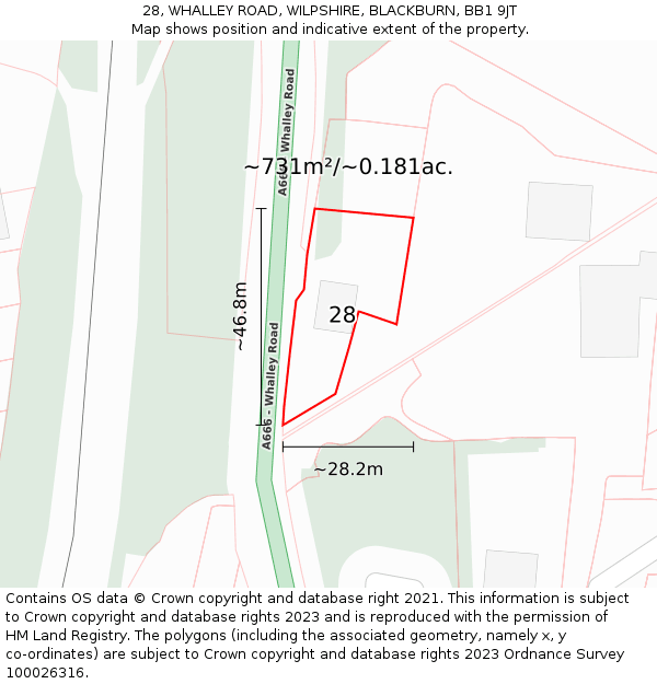 28, WHALLEY ROAD, WILPSHIRE, BLACKBURN, BB1 9JT: Plot and title map