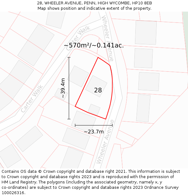 28, WHEELER AVENUE, PENN, HIGH WYCOMBE, HP10 8EB: Plot and title map