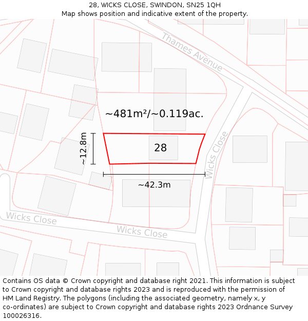 28, WICKS CLOSE, SWINDON, SN25 1QH: Plot and title map