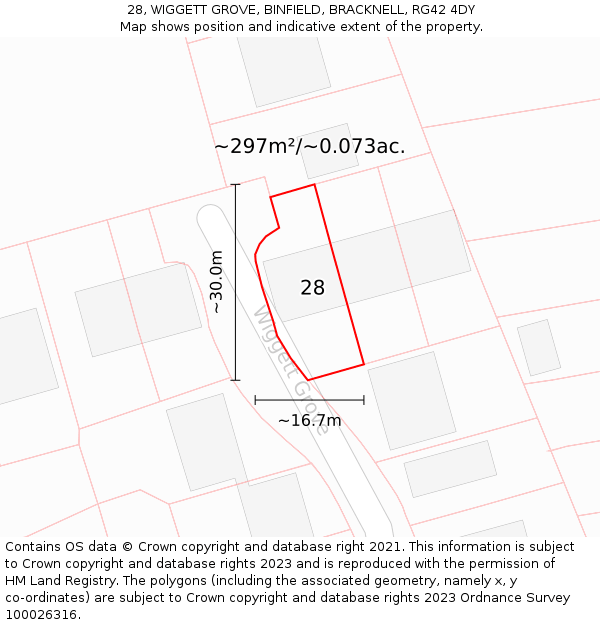 28, WIGGETT GROVE, BINFIELD, BRACKNELL, RG42 4DY: Plot and title map