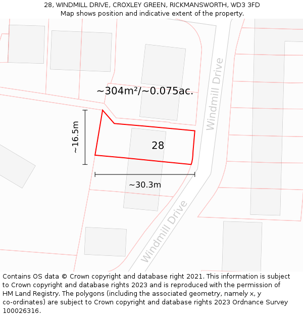 28, WINDMILL DRIVE, CROXLEY GREEN, RICKMANSWORTH, WD3 3FD: Plot and title map